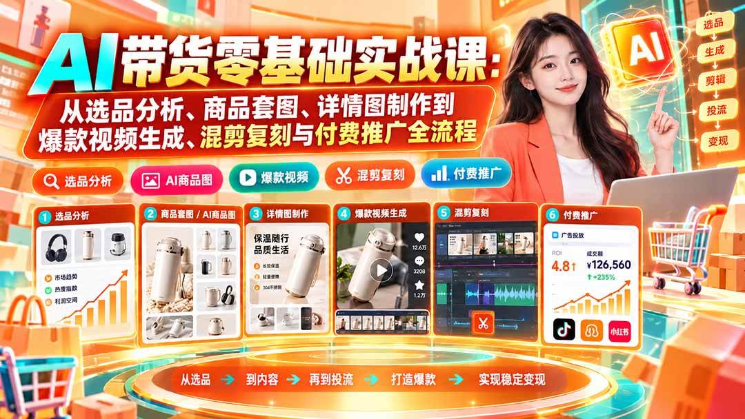(20856期)AI带货零基础实战课:从选品分析、商品套图、详情图制作到爆款视频生成、混剪复刻与付费推广全流程-泰戈创艺资源库