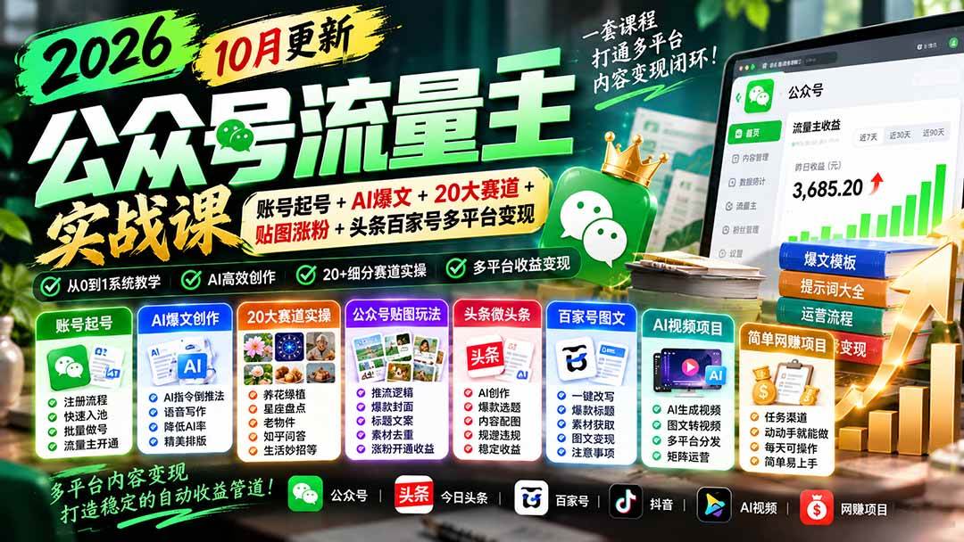 （20878期）2026公众号流量主实战课-10月更新：账号起号+AI爆文+20大赛道+贴图涨粉+头条百家号多平台变现-泰戈创艺资源库