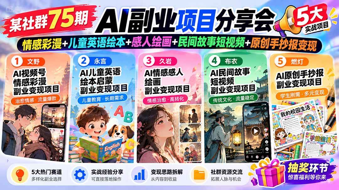 （20874期）某社群75期AI副业项目分享会：情感彩漫+儿童英语绘本+感人绘画+民间故事短视频+原创手抄报变现-泰戈创艺资源库