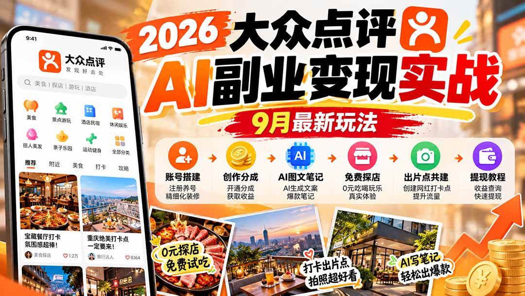 （20873期）2026大众点评AI副业变现实战9月最新玩法：账号搭建+创作分成+AI图文笔记+免费探店+出片点共建与提现教程-泰戈创艺资源库