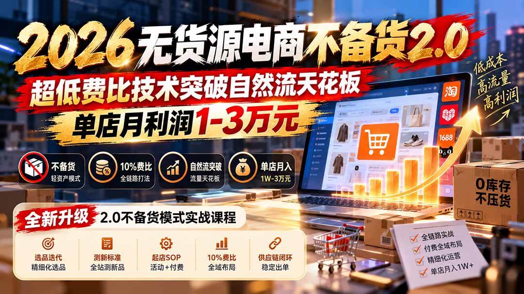 (20896期)2026无货源电商不备货2.0【更新1010】:超低费比技术突破自然流天花板,单店月利润1-3万元-泰戈创艺资源库