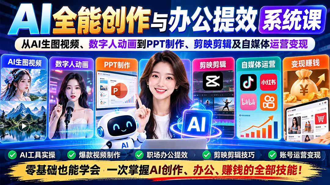 （20885期）AI全能创作与办公提效系统课：从AI生图视频、数字人动画到PPT制作、剪映剪辑及自媒体运营变现-泰戈创艺资源库