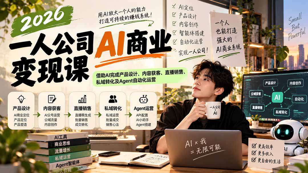 (20901期)2026一人公司AI商业变现课:借助AI完成产品设计、内容获客、直播销售、私域转化及Agent自动化运营-泰戈创艺资源库