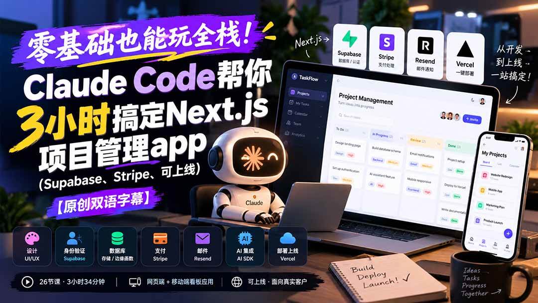 (20907期)零基础也能玩全栈!Claude Code帮你3小时搞定Next.js项目管理app(Supabase、Stripe、可上线)【原创双语字幕】-泰戈创艺资源库
