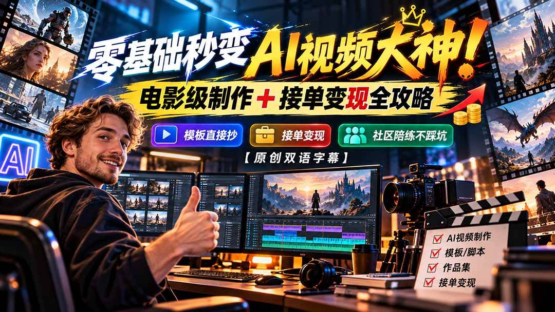 (20897期)零基础秒变AI视频大神!电影级制作 + 接单变现全攻略,模板直接抄,社区陪练不踩坑【原创双语字幕】-泰戈创艺资源库