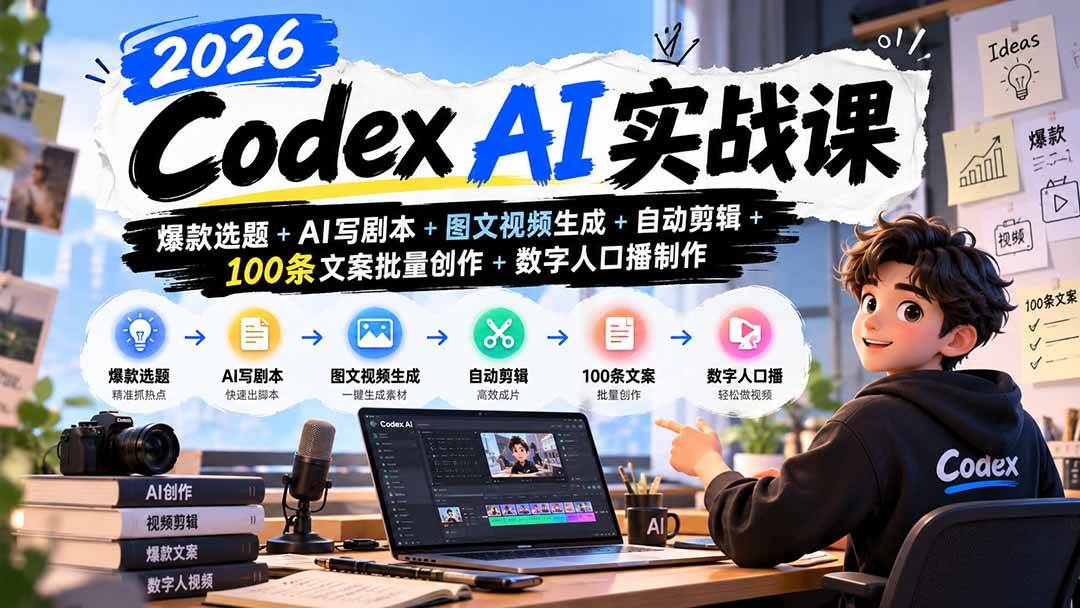 (20899期)2026Codex AI实战课:爆款选题+AI写剧本+图文视频生成+自动剪辑+100条文案批量创作+数字人口播制作-泰戈创艺资源库