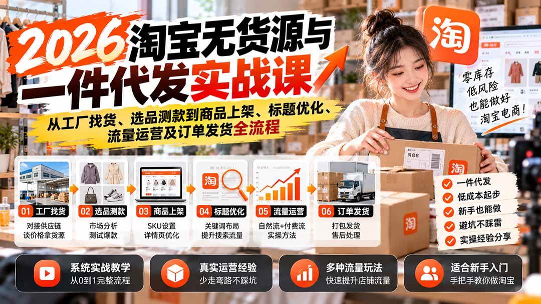 (20903期)2026淘宝无货源与一件代发实战课:从工厂找货、选品测款到商品上架、标题优化、流量运营及订单发货全流程-泰戈创艺资源库