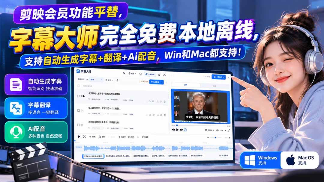 (20902期)剪映会员功能平替,字幕大师完全免费本地离线,支持自动生成字幕+翻译+Ai配音,Win和Mac都支持!-泰戈创艺资源库
