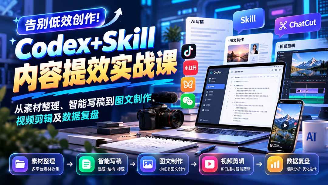(20915期)【无水印】告别低效创作!Codex+Skill内容提效实战课:从素材整理、智能写稿到图文制作、视频剪辑及数据复盘-泰戈创艺资源库